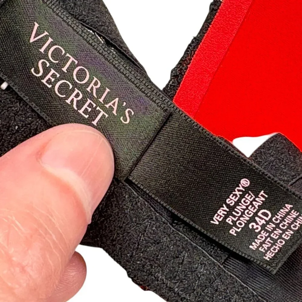 Victoria's Secret Black & Red Lace Very Sexy Plunge Bra Women's Size 34D
